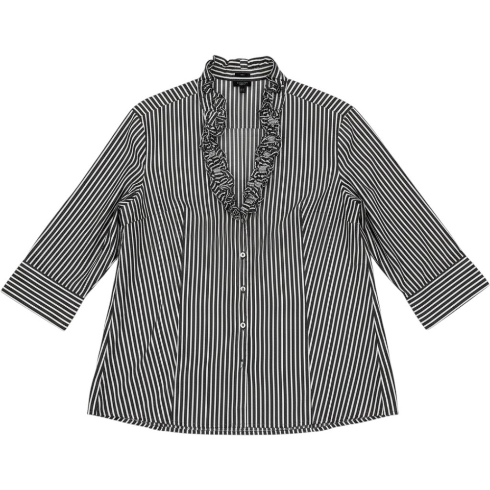 Talbots Cotton Striped Ruffle Neck Button Down Shirt Gray Career Office Work 20W